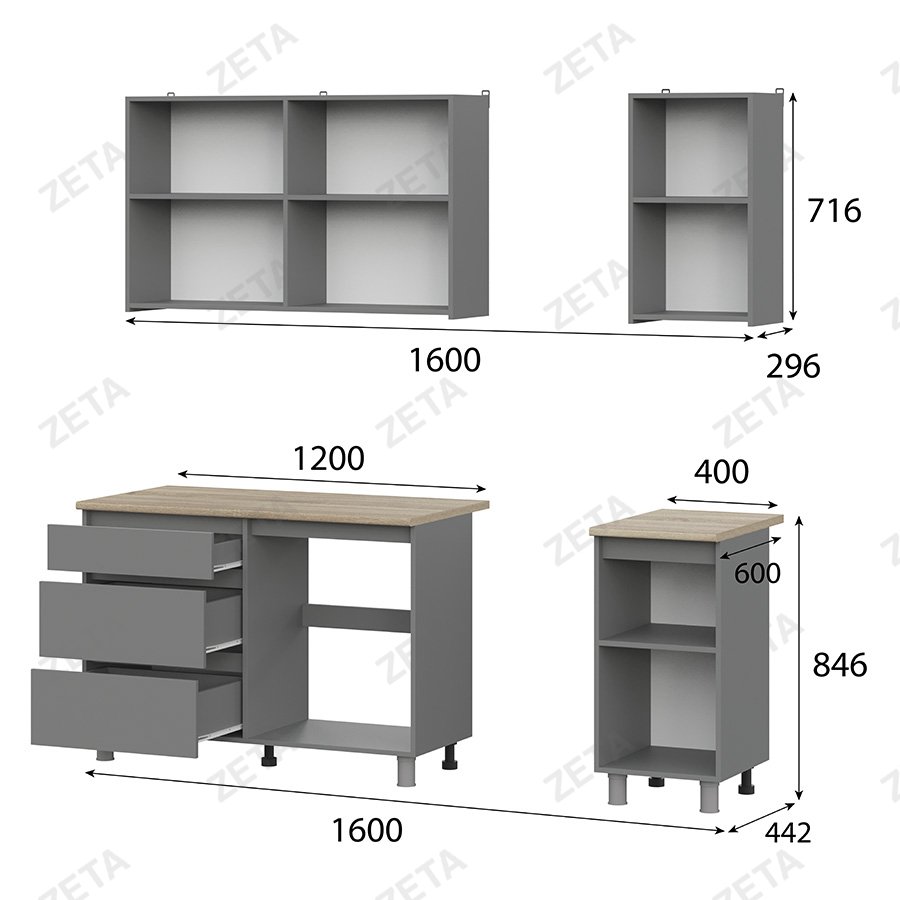 Кухонный гарнитур "Денвер" (1.6 м) №00-00110843 (графит серый/дуб сонома) (РФ)