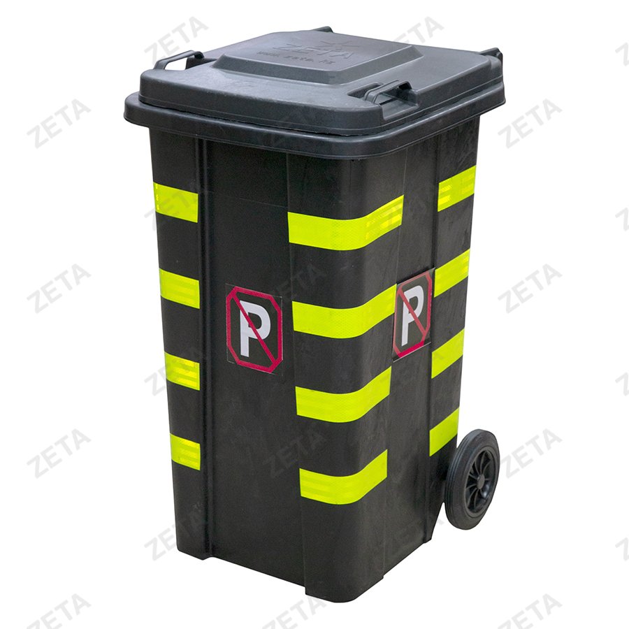Мусорный бак с крышкой на колёсах, чёрный, со светоотражающей лентой (140 л.)